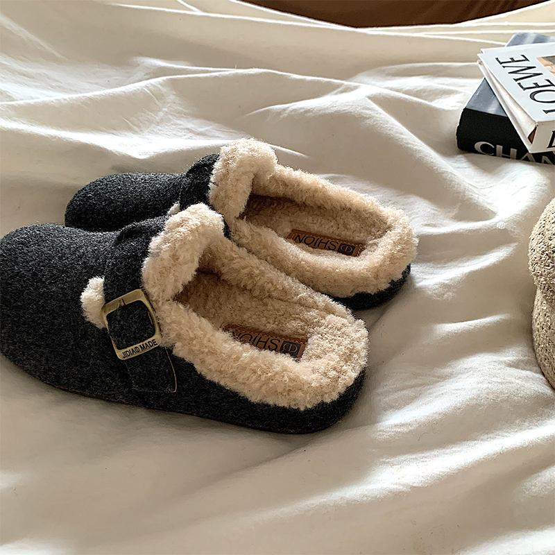 ~加绒勃肯半拖鞋女外穿ins毛茸茸一脚蹬保暖棉鞋子灰色毛绒圆头