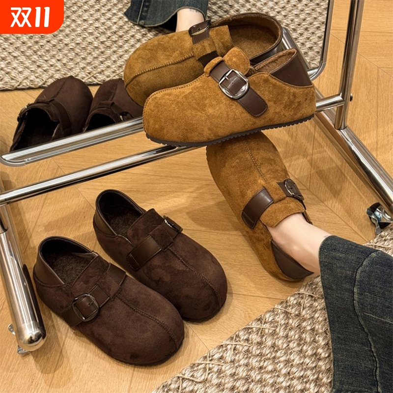 2025冬季新款厚底内增高全包勃肯鞋女丑萌两穿女加绒棉鞋单鞋平底