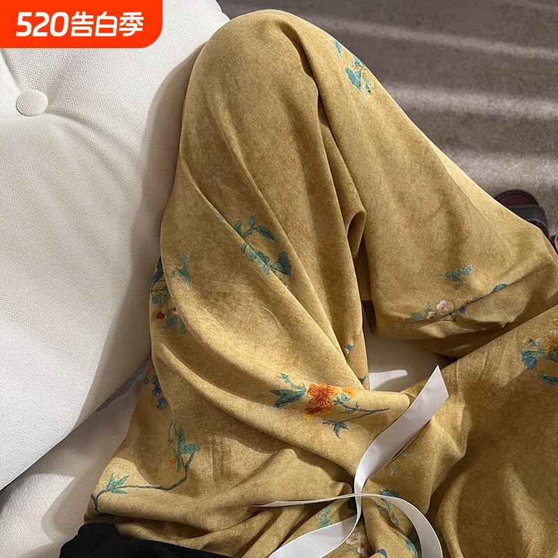 春秋季可外穿棉绸睡裤女2025年新款家居裤新中式长裤夏薄款印花