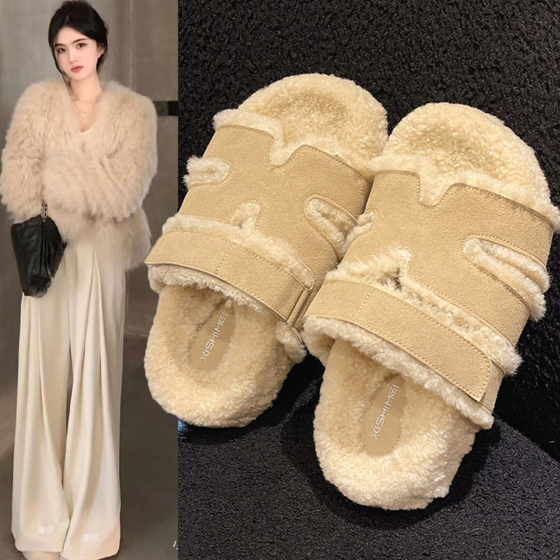 厚底勃肯毛毛拖鞋女外穿2025新款秋冬季毛毛鞋网红毛绒棉拖鞋鞋子