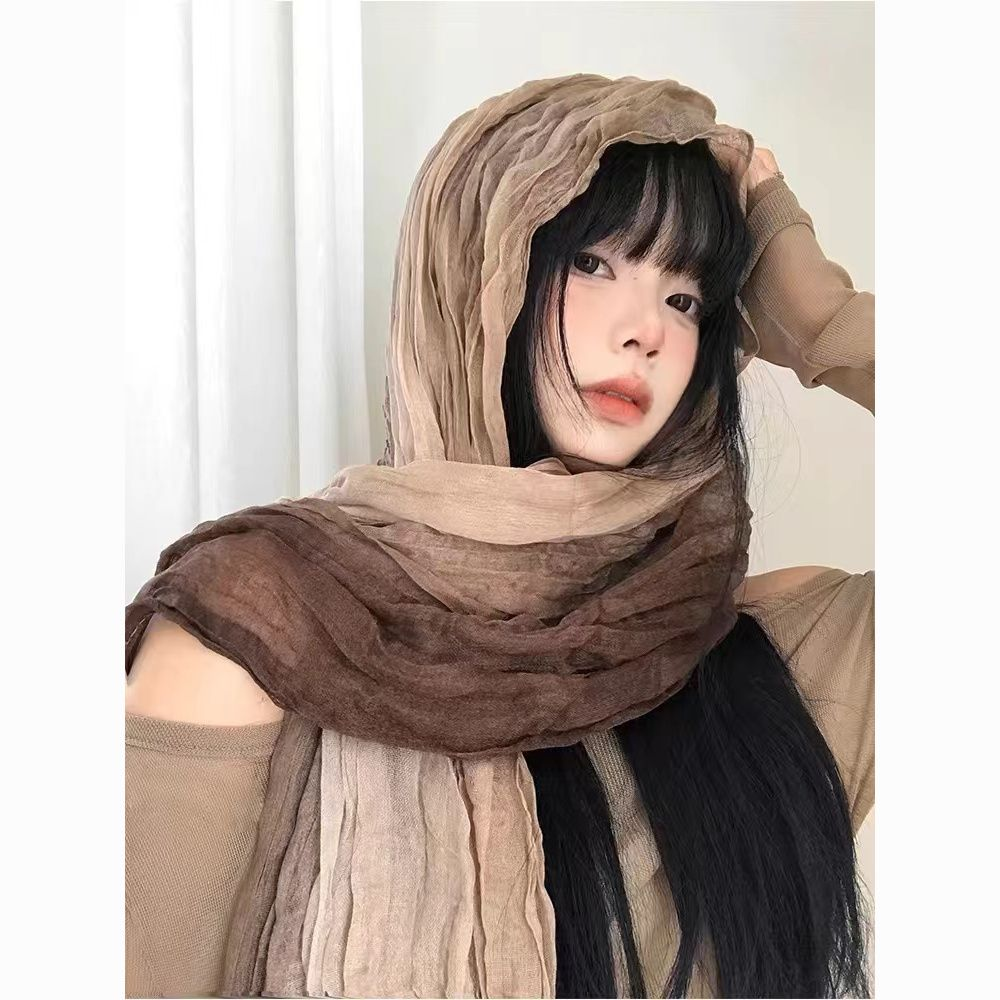 民族风围巾废土风亚麻褶皱渐变头巾沙漠丝巾凹造型辣妹围脖披肩潮