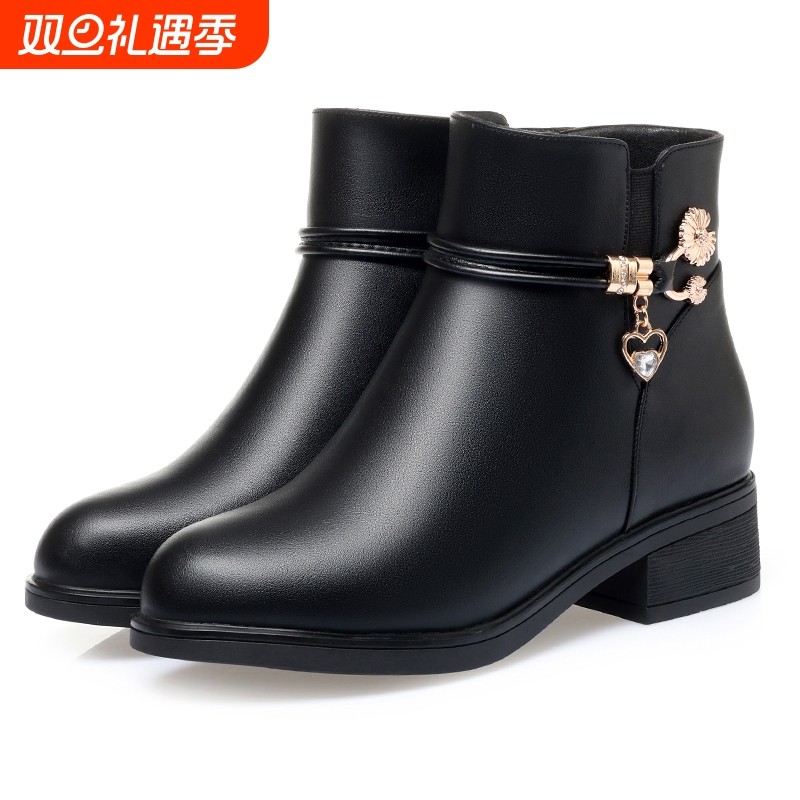 真皮妈妈鞋冬季加绒保暖真底短靴秋季单靴女中年马丁靴时装靴黑色