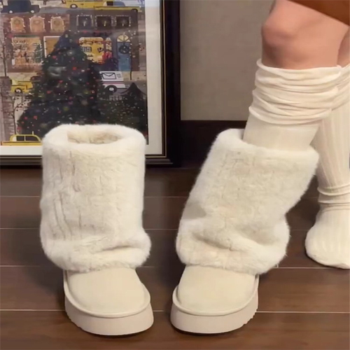 厚底雪地靴女款2024年冬季新款毛茸茸中筒裤管靴加绒加厚保暖棉鞋