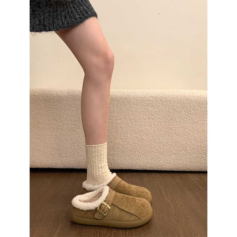 勃肯鞋女2025新款秋冬季厚底包头半拖鞋外穿加绒保暖一脚蹬棉鞋子