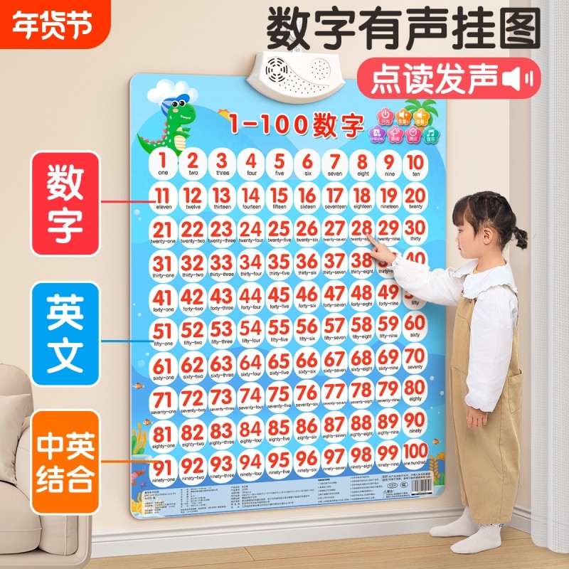 儿童数字挂图认知1到100早教有声幼儿识字宝宝拼音卡片英文汉语