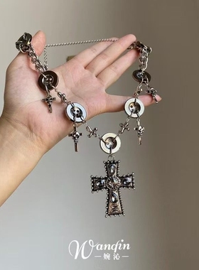 「黑暗契约」朋克风重工十字架纽扣项链亚文化小众个性哥特锁骨链