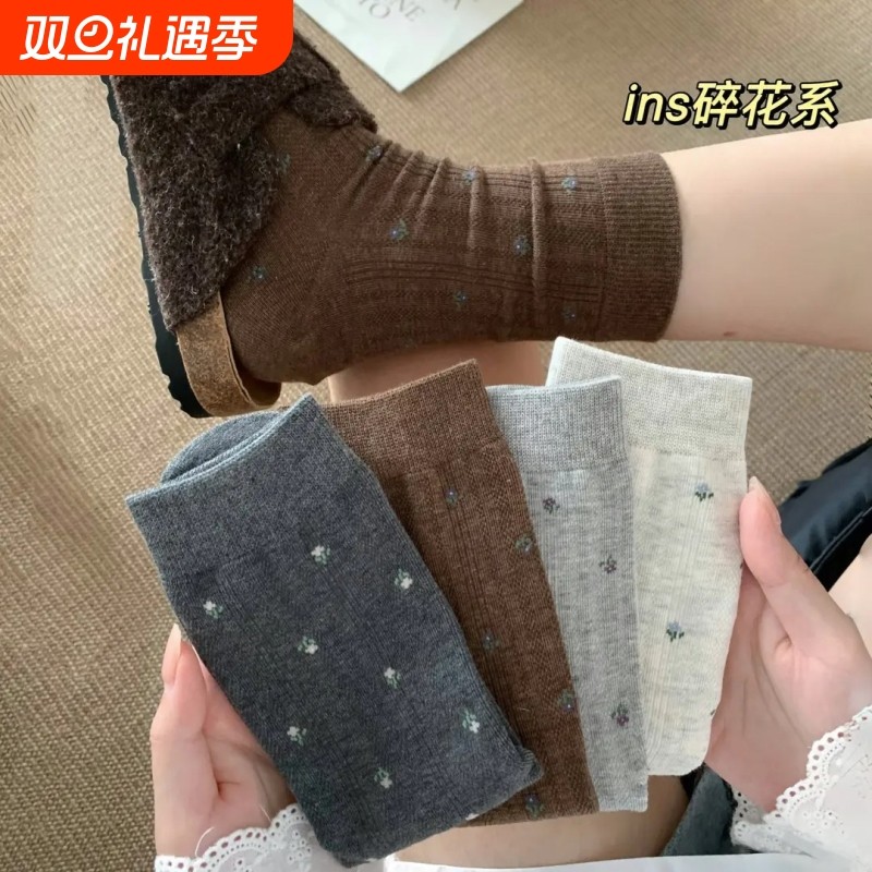 女童秋冬新款温柔小碎花儿童袜子中筒ins风百搭堆堆袜韩系中筒袜