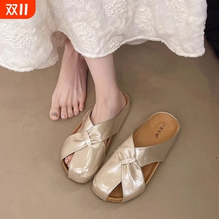 女时尚 女鞋 2025新款 真皮平底软底气质一脚蹬凉拖鞋 夏季 包头半拖鞋