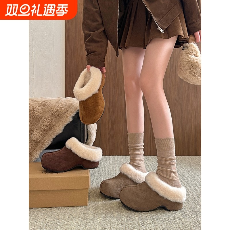 贾不假勃肯鞋女款2025新款秋季加绒毛茸茸厚底增高包头半拖鞋防滑