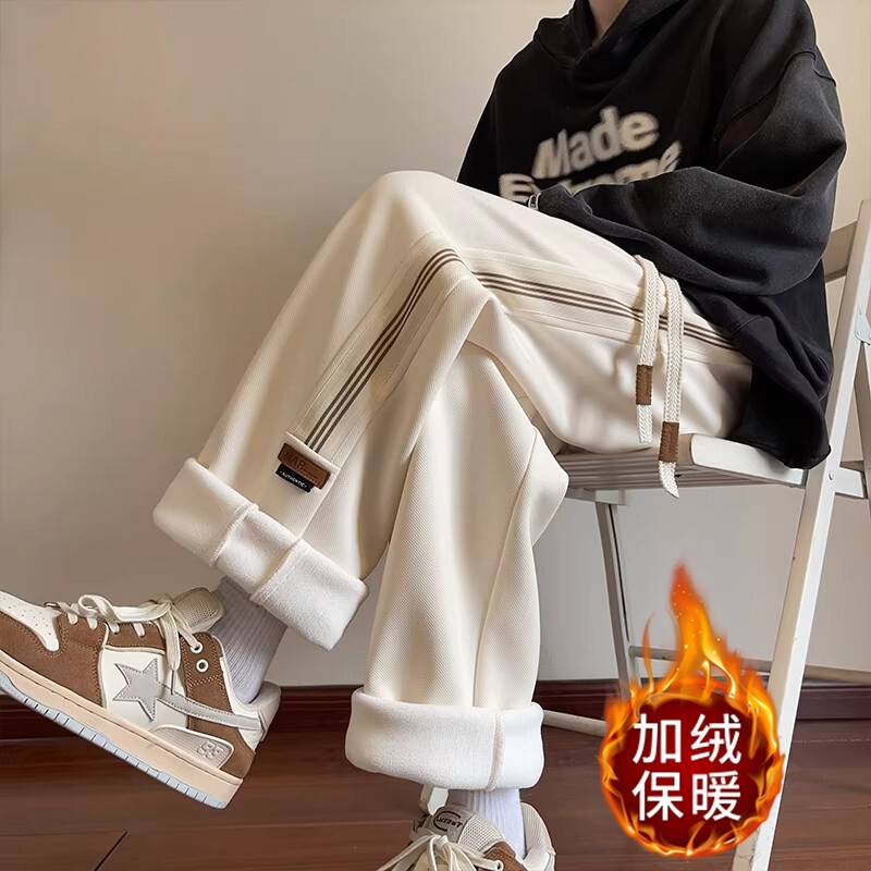 美式宽松阔腿重磅加绒弯刀卫裤男款春季痞帅直筒微喇裤子条纹薄款