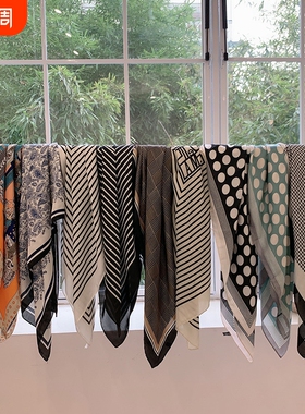 丝巾方巾2025新款高级感配饰薄款围脖围巾仿真丝小方波点红色蓝色