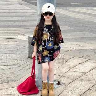 女童短袖t恤夏装2026新款女孩夏季时尚上衣女大童韩版嘻哈宽松长t