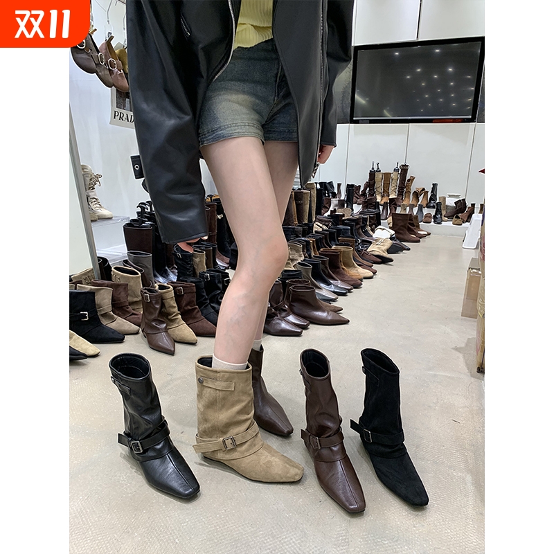 复古绒面卡其色短筒靴女靴子法式靴秋季小众设计西部堆堆靴骑士靴