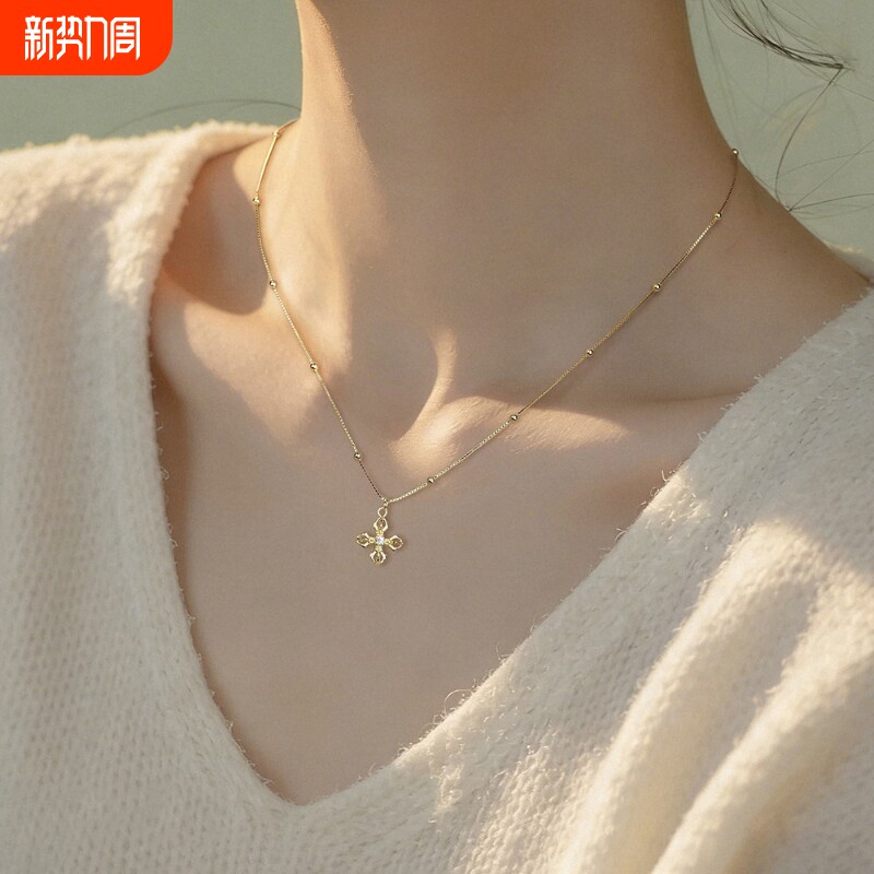 S925纯银十字金刚杵项链新中式轻奢高级感锁骨链礼物闺蜜金色