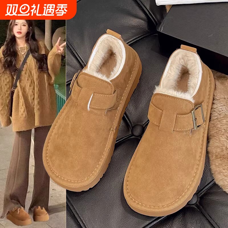 平底全包勃肯鞋女冬季加绒加厚雪地靴2025新款乐福鞋孕妇毛毛棉鞋