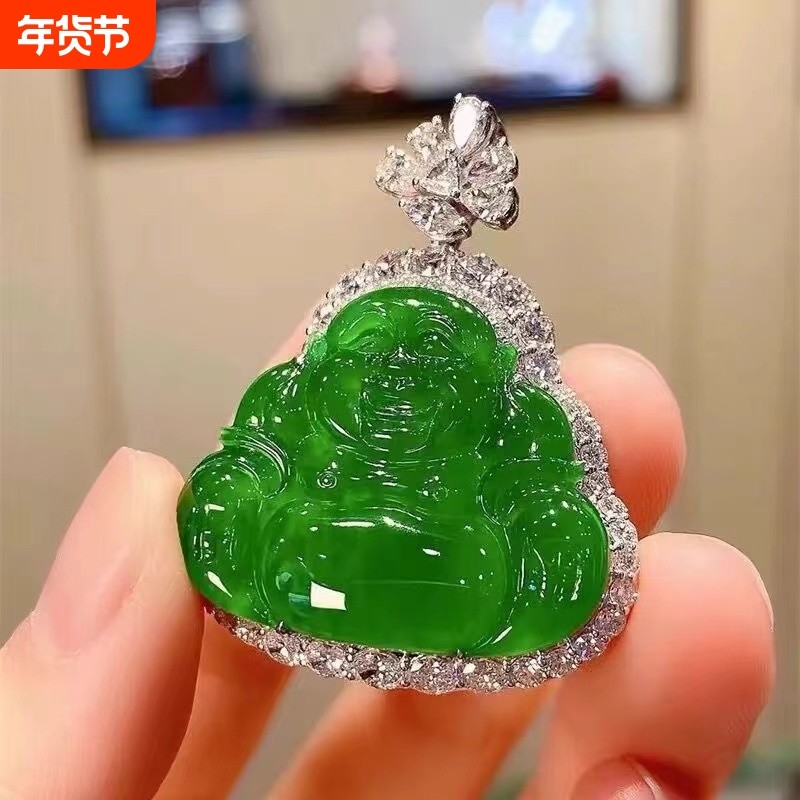 缅甸翡翠色如意叶子高冰种辣阳绿仿A货玉髓吊坠观音佛公弥勒佛