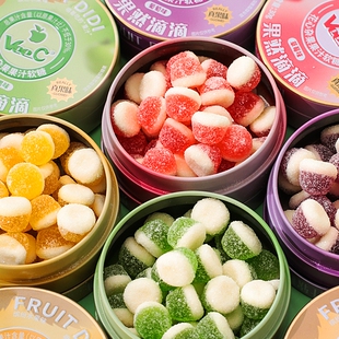 维C果汁酸q糖软糖铁盒装qq糖酸砂糖果盒小零食水果味混合葡萄柠檬