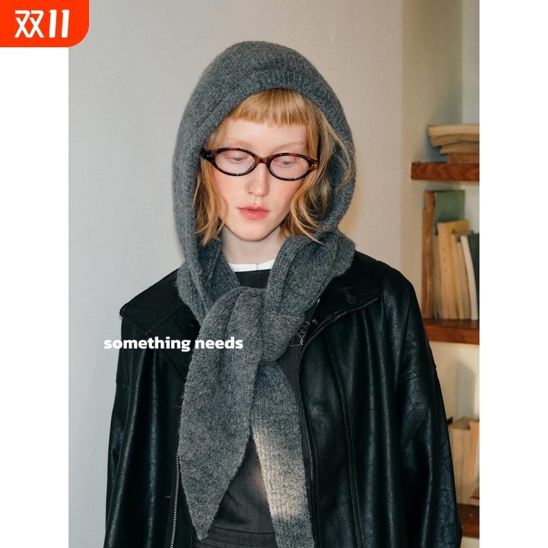 郑佰万 含羊毛帽子围巾一体针织帽女冬季围巾连帽小众护颈围脖潮