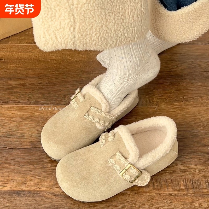 复古白色加绒加厚保暖平底棉鞋女2025新款冬季一脚蹬软底勃肯鞋子,女鞋,棉鞋,淘宝优惠券,粉丝福利购,淘宝优惠卷