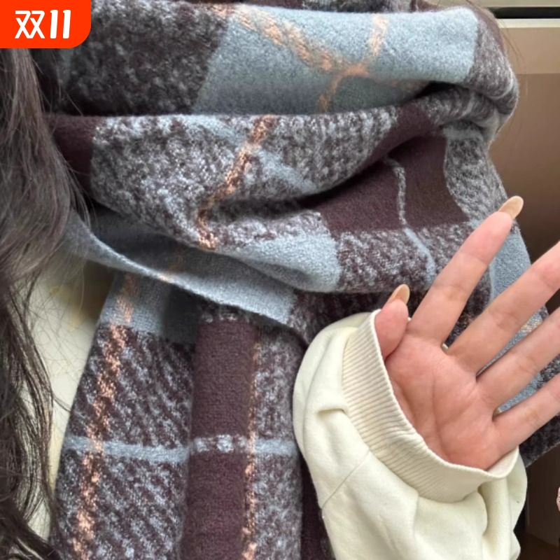 蓝格围巾秋冬季女羊绒2025新款蓝色披肩两用韩系氛围感时尚高级感