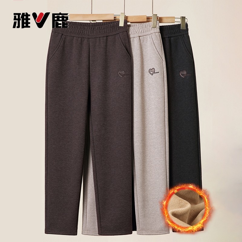 雅鹿妈妈裤子秋冬毛呢直筒休闲裤宽松中老年人奶奶裤加绒加厚长裤