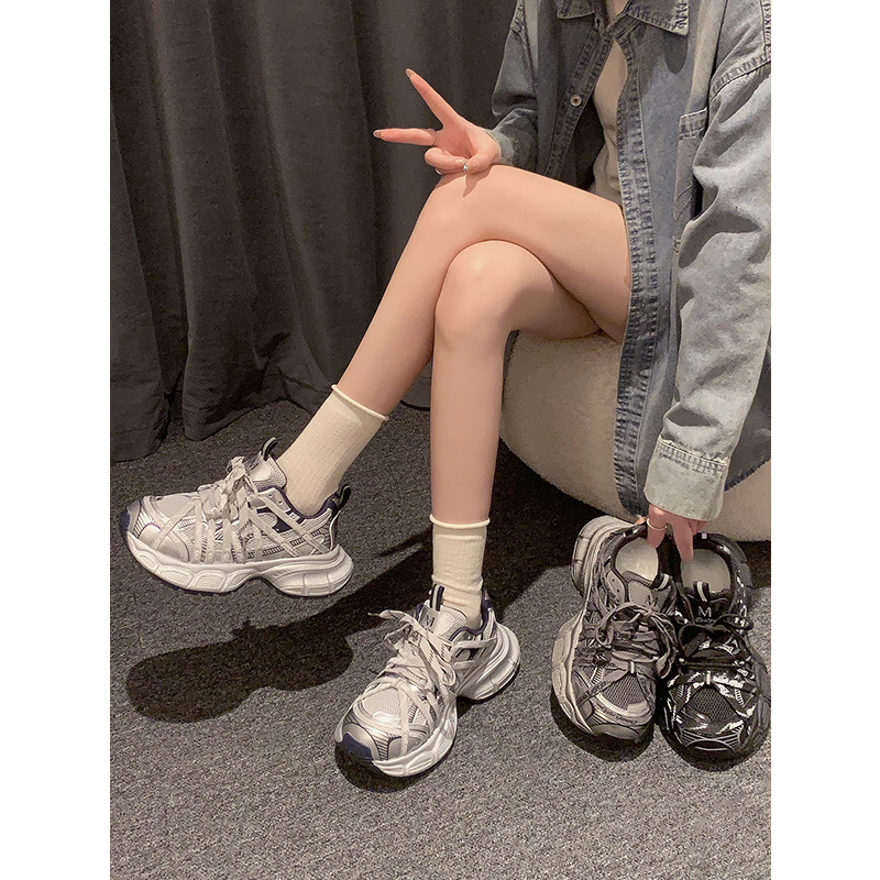 美拉德银色老爹鞋女款2025新款秋季黑色鞋子厚底休闲鞋增高运动鞋