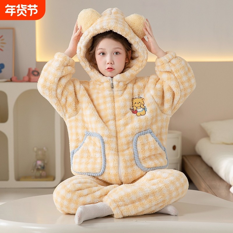 儿童珊瑚绒睡衣女孩秋冬季2025新加厚保暖公主连帽女童家居服套装,童装/婴儿装/亲子装,家居服套装,淘宝优惠券,粉丝福利购,淘宝优惠卷