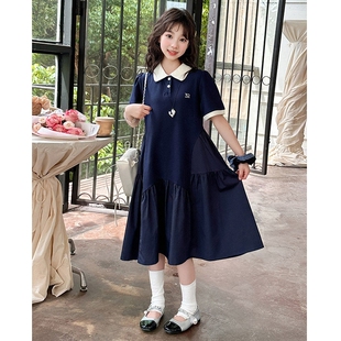 女童超好看的连衣裙2026夏季新款儿童藏青色公主polo裙子中小学生