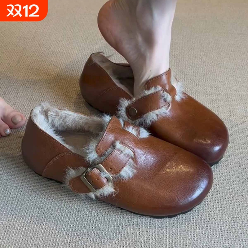 ~复古羊羔毛真皮勃肯鞋女防滑加绒毛毛鞋毛绒平底羊皮牛皮黑色