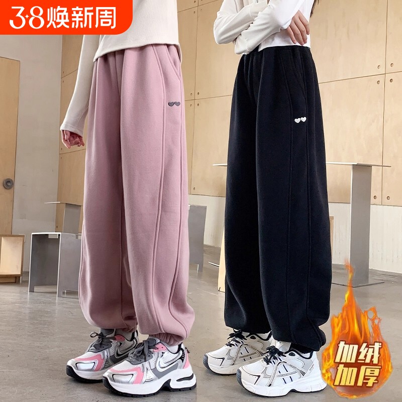 女童裤子加绒卫裤秋冬款2025新款儿童女孩一体黑色大童秋季运动裤
