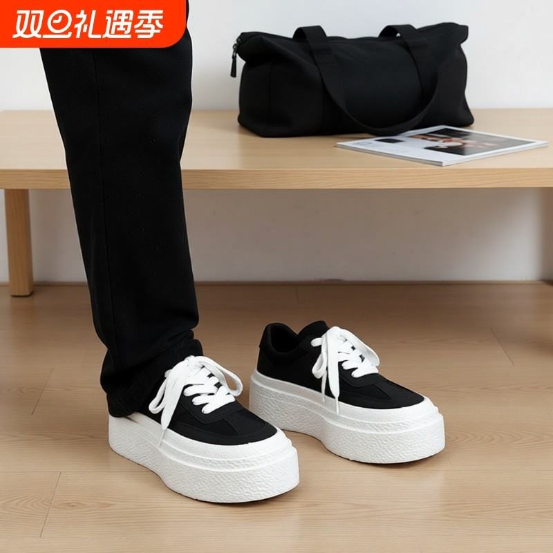 男鞋2025新款潮流百搭厚底纯色休闲板鞋男透气增高低帮黑色帆布鞋