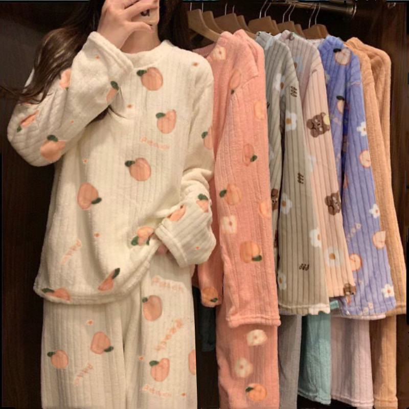 可外穿睡衣秋冬款女珊瑚绒居家居服套装2024新款加绒加厚冬天粉色