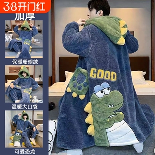 珊瑚绒睡衣男款2026冬季加绒加厚女士可外穿睡袍连体家居服居家