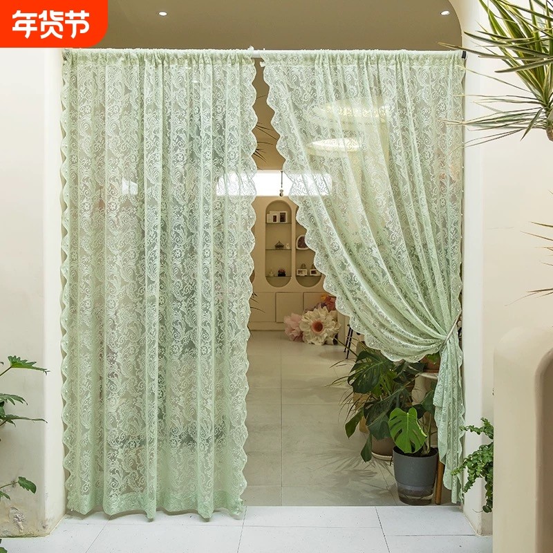 免打孔魔术贴窗帘白色纱帘蕾丝绣花纱韩式卧室飘窗隔断法式遮光