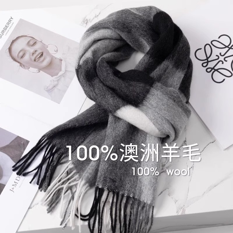 围巾男新年100%澳洲羊毛格子女秋冬季百搭保暖情侣窄围脖生日礼物