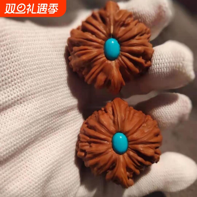 文玩核桃镶嵌人造绿松石封底脐眼四座楼狮子头把玩收藏盘玩男手玩