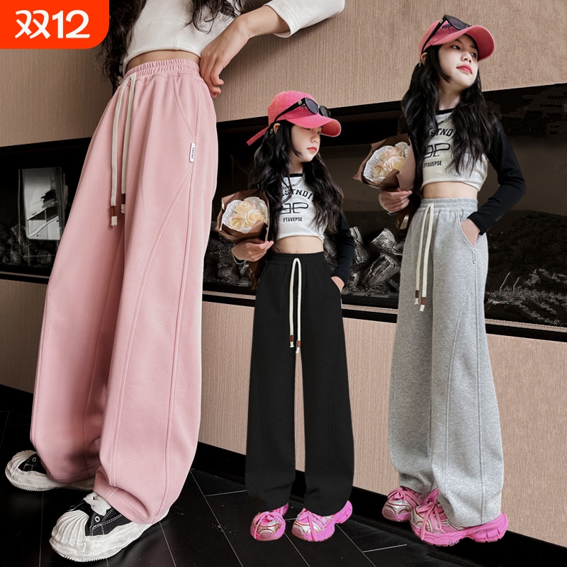 女童运动裤女大童阔腿裤儿童卫裤弯刀裤初中生夏季薄款裤子加绒