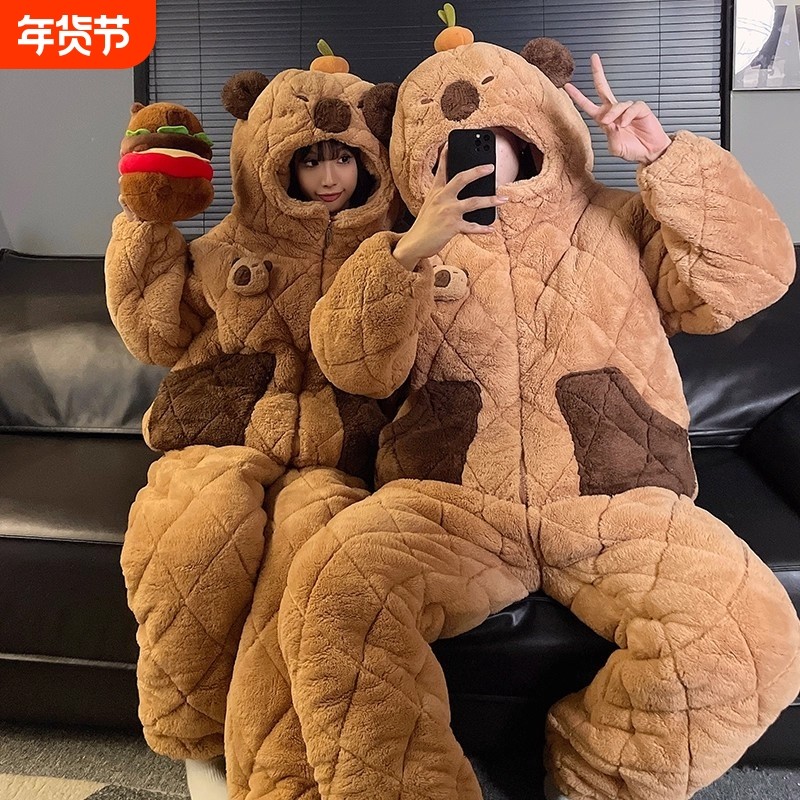 2025情侣睡衣女冬季加绒加厚珊瑚绒三层夹棉男士秋冬款家居服居家