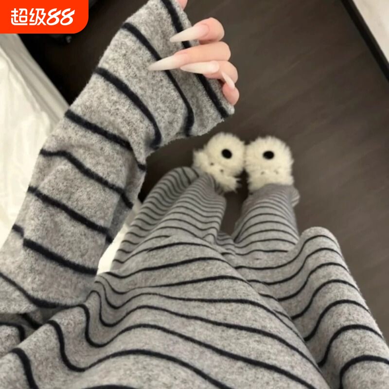 韩版ins简约条纹睡衣女学生保暖圆领长袖长裤宽松德绒家居服套装