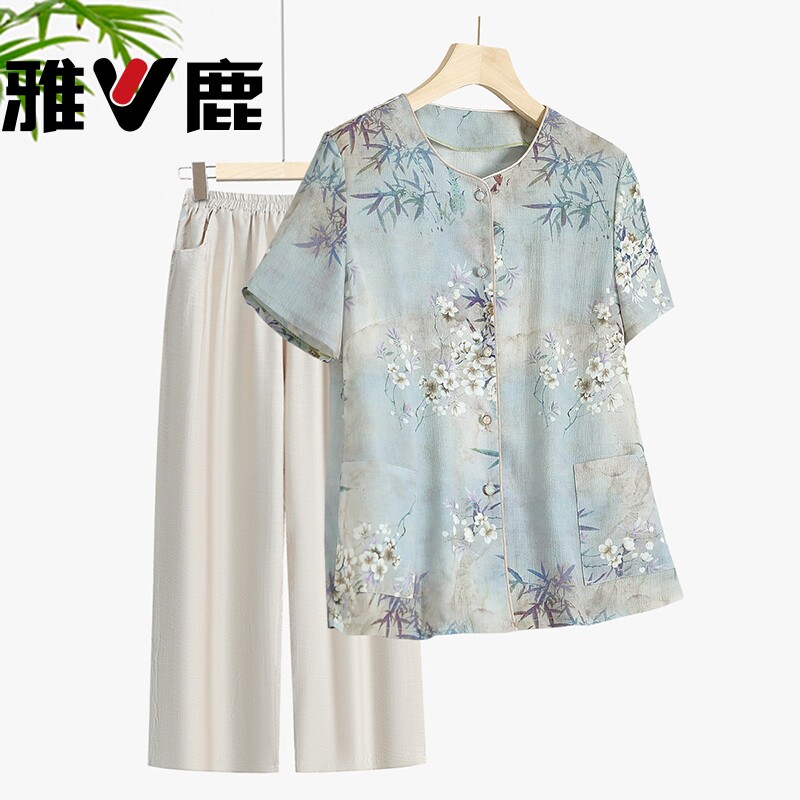 雅鹿中老年人衬衫夏装上衣女奶奶短袖两件套装妈妈夏季薄太太衣服