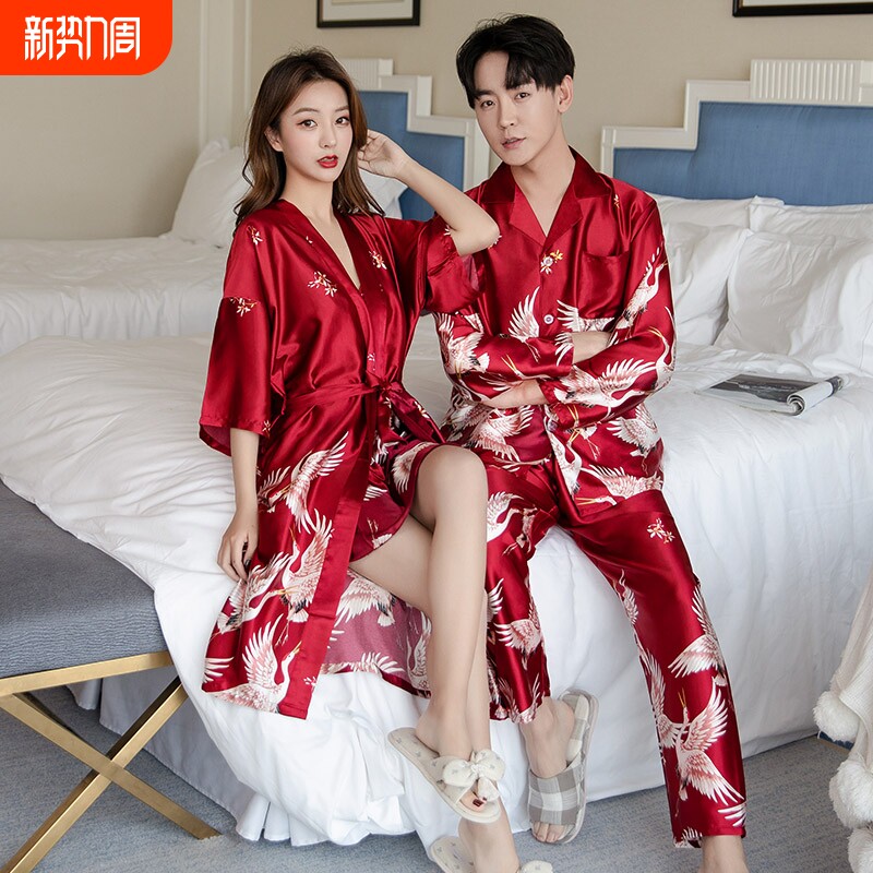 红色晨袍女新娘结婚情侣睡衣冰丝新婚睡袍高级感套装国风性感浴袍