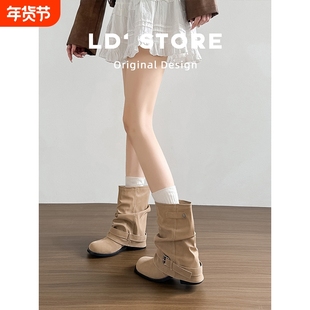 真皮~内增高西部牛仔堆堆靴女2025秋褶皱裤管短靴复古骑士马丁靴