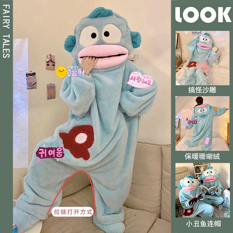 丑鱼睡袍珊瑚绒睡衣女款2025新款秋冬季男厚情侣可外穿连体家居服