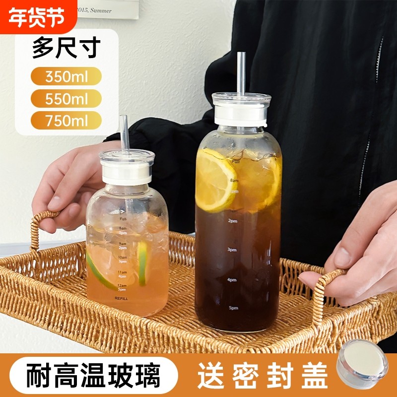 水杯女新款2024高颜值夏透明水瓶便携杯子带吸管玻璃杯带盖刻度