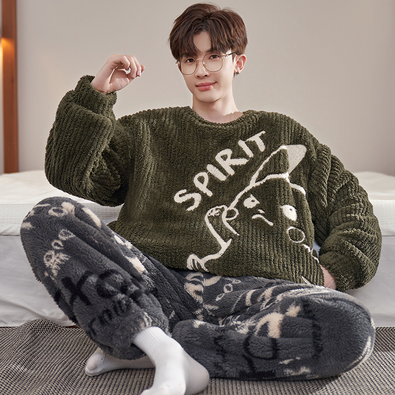 珊瑚绒睡衣男款秋冬季男士青少年加厚加绒加大码保暖家居服套装