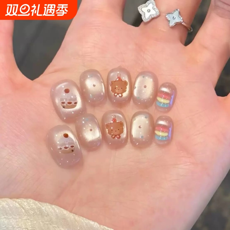 小熊波点显白猫眼穿戴甲可爱短款美甲法式黑皮蝴蝶新年星星甲油胶