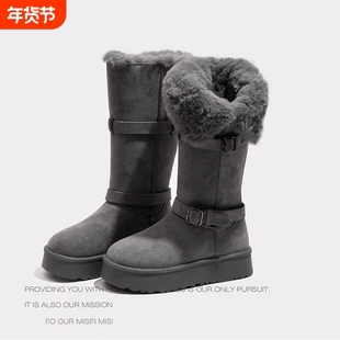 灰色长筒雪地靴女2025冬季新款厚底增高加绒加厚高筒保暖棉鞋子