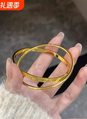 仿真金碎冰冰双环手镯女款时尚小众碎冰纹双圈手环送女友礼物