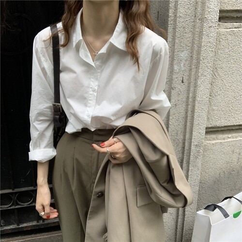 大码韩范洋气纯棉白色衬衫女春秋宽松百搭显瘦衬衣上衣新款打底衫