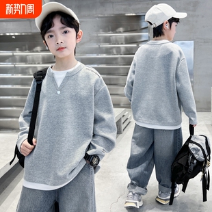 童装男童卫衣上衣春秋款2026秋季打底衫儿童男孩冬装加绒黑色灰色